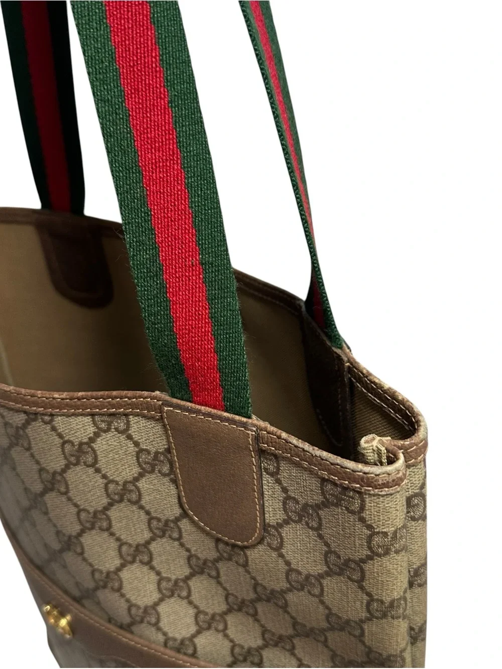 Gucci GG Supreme Canvas & Brown Leather Red Green Sherry Stripe Vintage Tote Bag_14